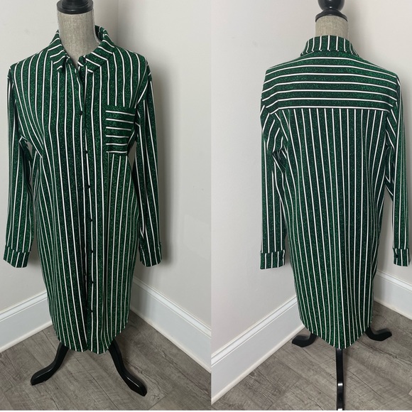 NEW Zara Women's Green & White Striped Metallic Reversible Midi Dress Size Small - Picture 1 of 13